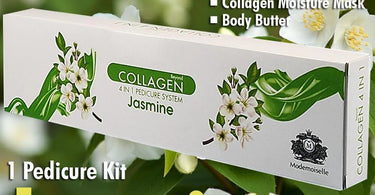 Jasmine-infused pedicure kit with floral design, featuring foot mask, scrub, lotion, and balm for a luxurious spa experience