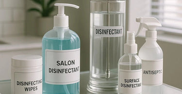 Close-up of a professional's hands in gloves reading the label on a salon disinfectant bottle, with clean tools in the background