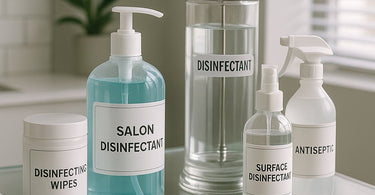 Close-up of a professional's hands in gloves reading the label on a salon disinfectant bottle, with clean tools in the background