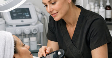 Esthetician comfortably performing facial treatment on client using high-quality ergonomic facial equipment and bed from Pure Spa Direct