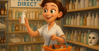 Professional esthetician organizing wholesale spa supplies including wax, facial tools, and skincare products