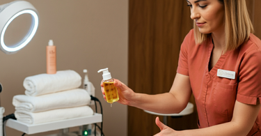 Esthetician applying post-wax oil to freshly waxed legs
