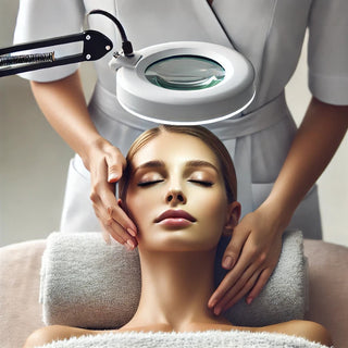 Esthetician using a magnifying lamp for precise skincare treatment