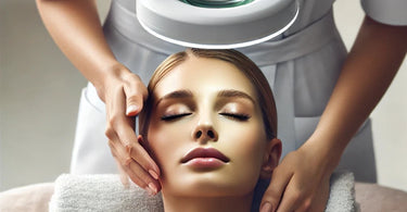 Esthetician using a magnifying lamp for precise skincare treatment