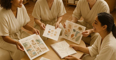 Spa professional collaborating with client on social media content creation in a modern treatment room