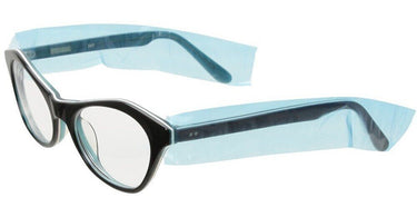 A close-up image of a clear eyeglass protective sleeve being slid onto the arm of a pair of glasses, with a dispenser box full of sleeves in the background.