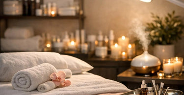 A well-organized and serene facial room setup featuring a professional esthetician bed, warm lighting, and neatly arranged skincare products on a wooden cart, embodying the perfect client experience.