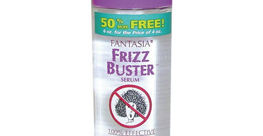 Fantasia Frizz Buster Serum 6 oz. bottle displayed on a surface, highlighting its professional packaging for salons and spas.