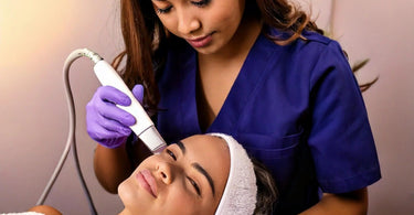 Female esthetician using an ultrasonic skin scrubber on a female client's skin during a facial treatment.