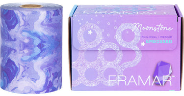 Framar Moonstone Embossed Foil It Roll Medium 320 Feet - Professional hair color foil with unique grip and iridescent design displayed in its dispenser box.