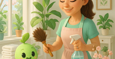 Spa and salon spring cleaning essentials with fresh towels, cleaning supplies, and organized beauty products