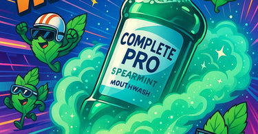 Complete Pro Spearmint Mouthwash bottle displayed alongside spa essentials