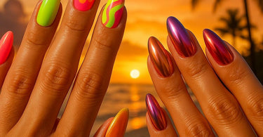 Summer 2025 nail trends featuring neon ombre and sunset chrome designs on manicured hands