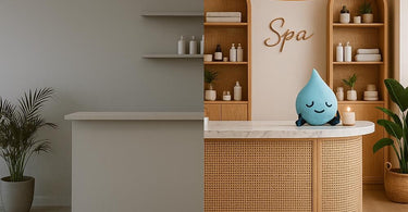 Luxury spa reception area with modern front desk, velvet chairs, and elegant decor