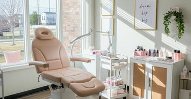 A beautifully designed lash extension studio with modern decor and professional equipment.