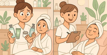 Spa professional reviewing a client consultation form with a smiling client