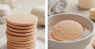 Compressed facial sponges expanding in water, perfect for spa and salon treatments