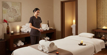 Spa therapist guiding a client through relaxation techniques