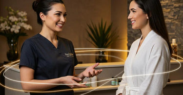 Spa professional engaging in friendly conversation with a client during a treatment