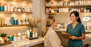 A beautifully organized spa retail shelf displaying skincare products next to a professional massage treatment area with towels and equipment, illustrating the difference between front bar retail and back bar service products.
