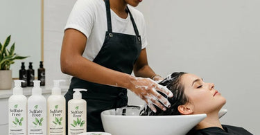 Sulfate-free hair products displayed in a modern salon setting