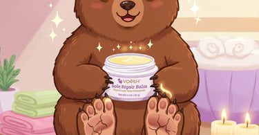 Voesh SoleMate Heel Repair Balm for cracked heels, displayed in a spa setting
