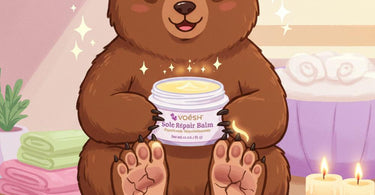 Voesh SoleMate Heel Repair Balm for cracked heels, displayed in a spa setting