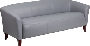Elegant gray leather guest reception sofa by BIGA in a modern spa or salon waiting area, featuring sleek design and comfortable seating.