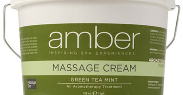 One gallon bottle of Amber Products Green Tea Mint Massage Cream, a professional product for spas and salons.