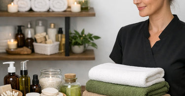 Greenwashing vs genuine sustainability in spa industry illustration with leaves and recycling symbols