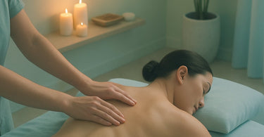 A fun and educational collage featuring illustrations of major back and shoulder muscles, alongside professional massage tools and spa products from Pure Spa Direct.
