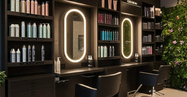 Modern hair salon color bar with vibrant hair color products
