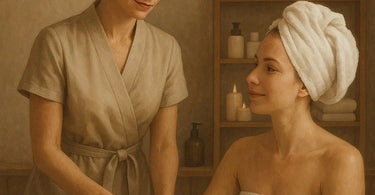 Spa professional calmly speaking with a client in a serene treatment room