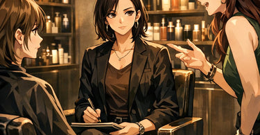 A professional stylist smiling patiently while a client's friend gestures during a salon service, capturing a moment of unsolicited advice in a modern spa setting