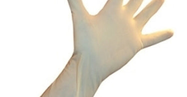 A pair of high-risk blue powder-free latex exam gloves, 10 mil thick, showcasing extended length and textured grip for professional spa and salon use.