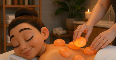 Pink Himalayan salt massage stones arranged on bamboo tray for spa treatments