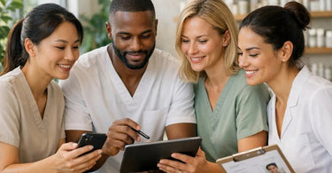 A professional esthetician holds a digital tablet displaying a secure client chart, symbolizing modern, privacy-conscious spa management.