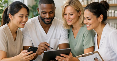 A professional esthetician holds a digital tablet displaying a secure client chart, symbolizing modern, privacy-conscious spa management.