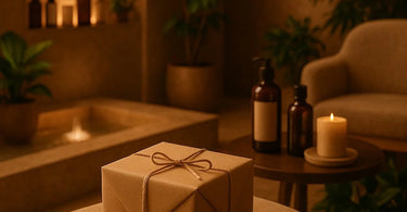 Spa blind date event setup with wrapped mystery products and elegant decor