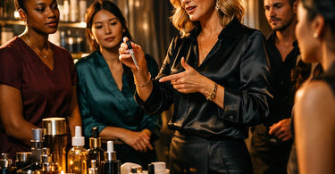 A group of salon and spa professionals smiling and engaged in a hands-on product training session
