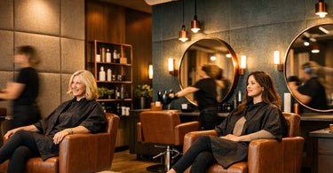 A serene and modern salon interior with a focus on acoustic design elements like soft textures and a calming atmosphere.