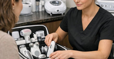 Client using an at-home beauty device while a salon professional explains how home technology affects retention and treatment planning