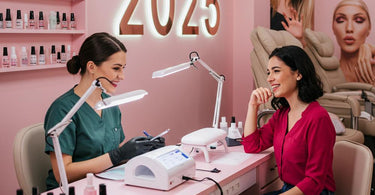 Nail technician applying trendy nail art to a client's nails in a modern salon.