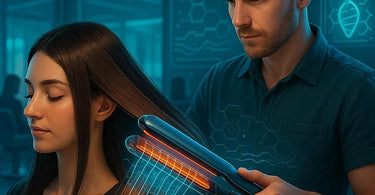 Professional flat iron in use, smoothing hair strands for a sleek finish