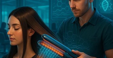 Professional flat iron in use, smoothing hair strands for a sleek finish