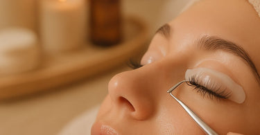 Before and after of lash lift and tint showing dramatic eye-opening results