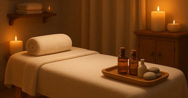 Relaxing spa massage with stones and towels on comfortable massage table