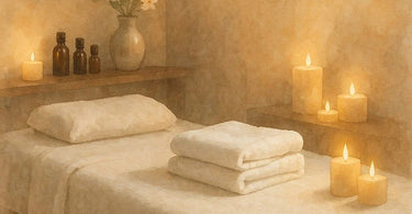 Relaxing spa massage treatment with stones and towels