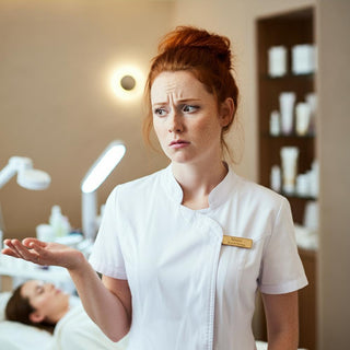 Esthetician managing stress during a client treatment