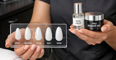 Professional nail technician filing an almond-shaped nail on a client to achieve perfect symmetry at the salon station